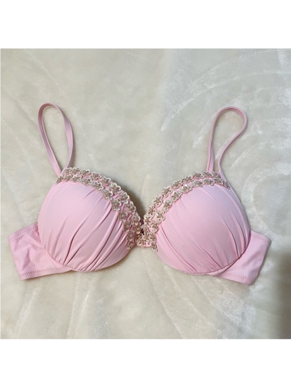 REBECCA Light Pink Floral Trim Padded Swimming Bra Size S